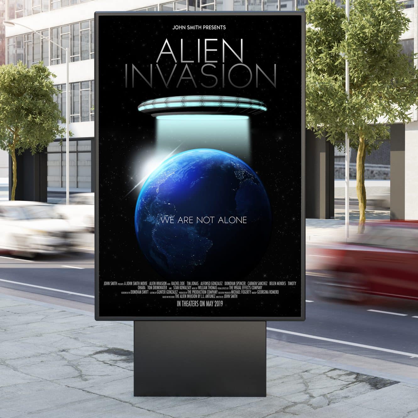 billboard on city street movie poster 3d rendering