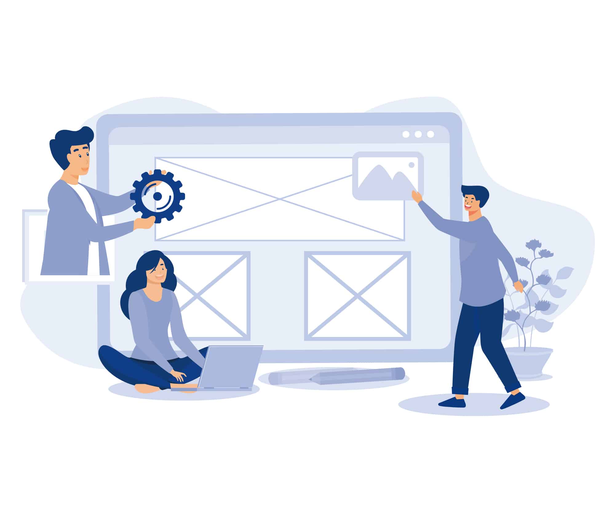 Stock illustration of team formatting social media post