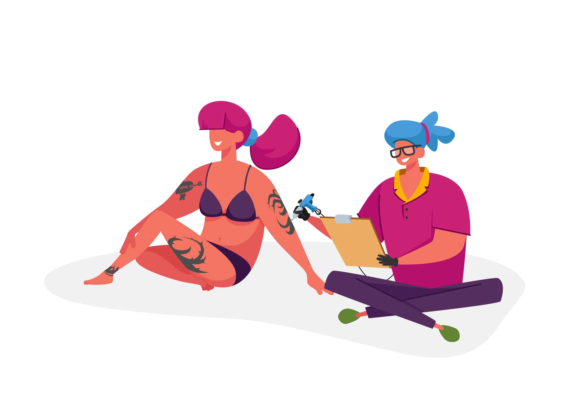 illustration-of-tattoo-artist-looking-at-sketch-while-tattooing-woman