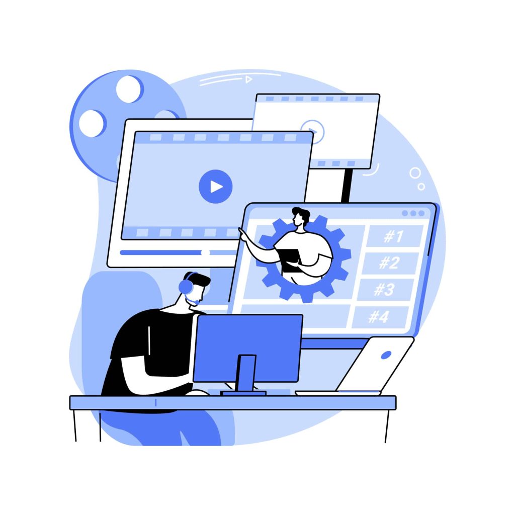 Video editing isolated cartoon vector illustrations. Young boy has filmmaking studying classes, using video editing software and watching online tutorial, creative hobby vector cartoon.