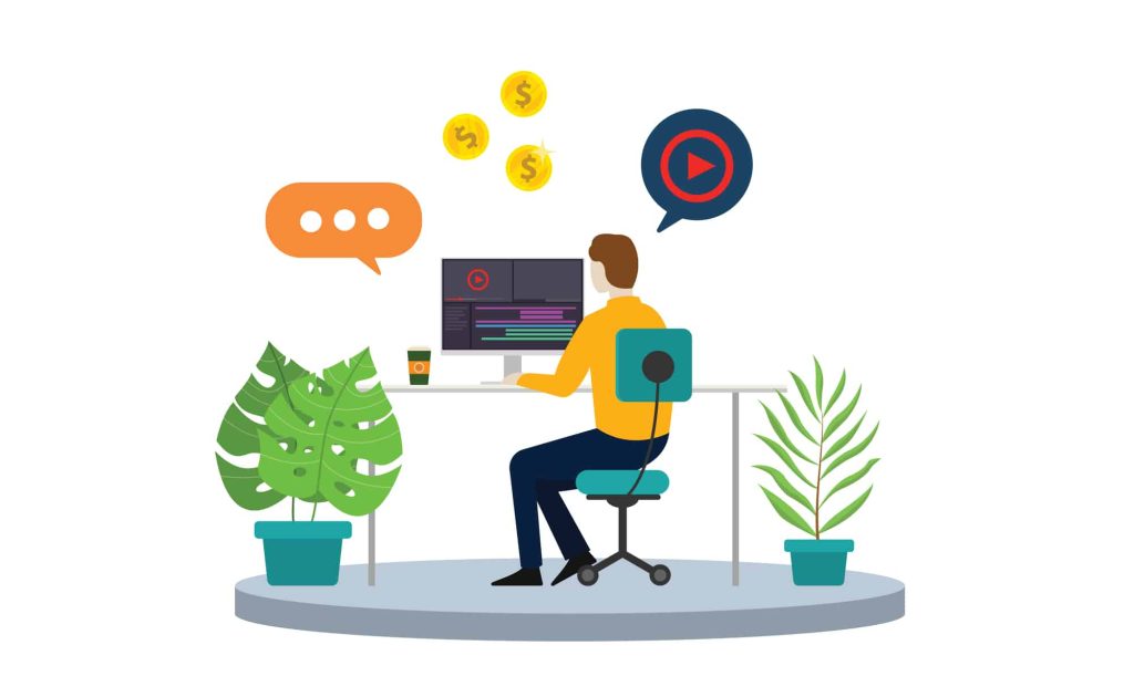 content creator or video editor freelancer with laptop and timeline video editing vector illustration