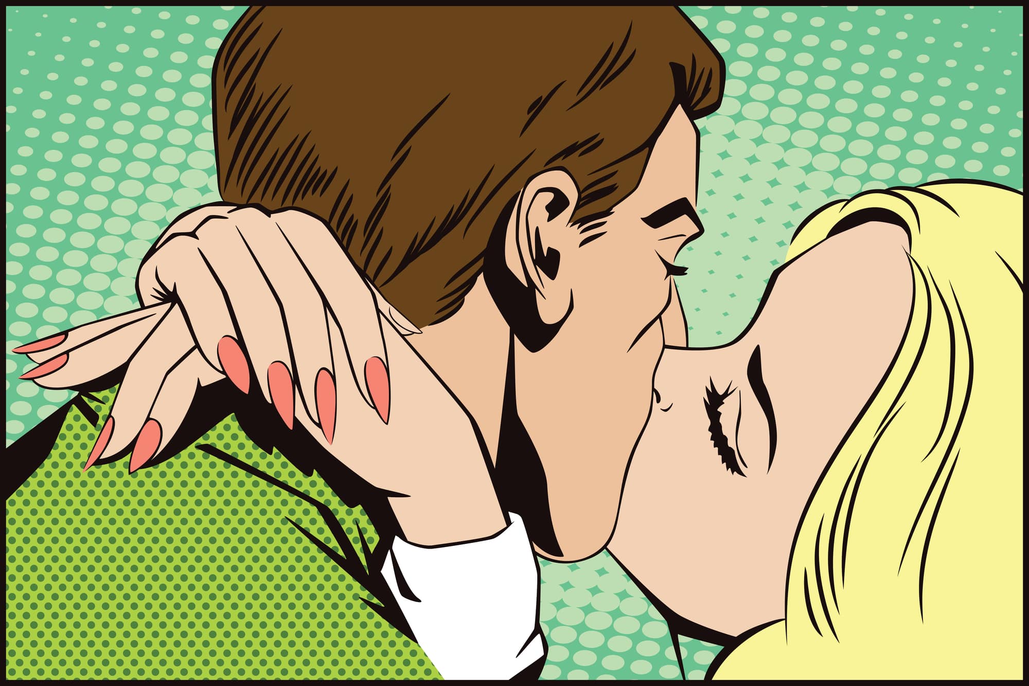 Stock illustration. People in retro style pop art and vintage advertising. Kissing couple.