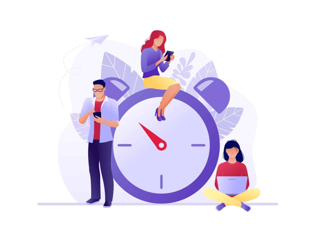 Stock illustration of team working on different devices