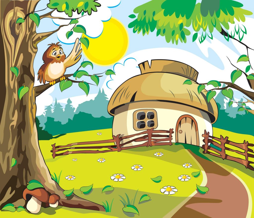 storybook illustration house and owl daytime sunrise children's book
