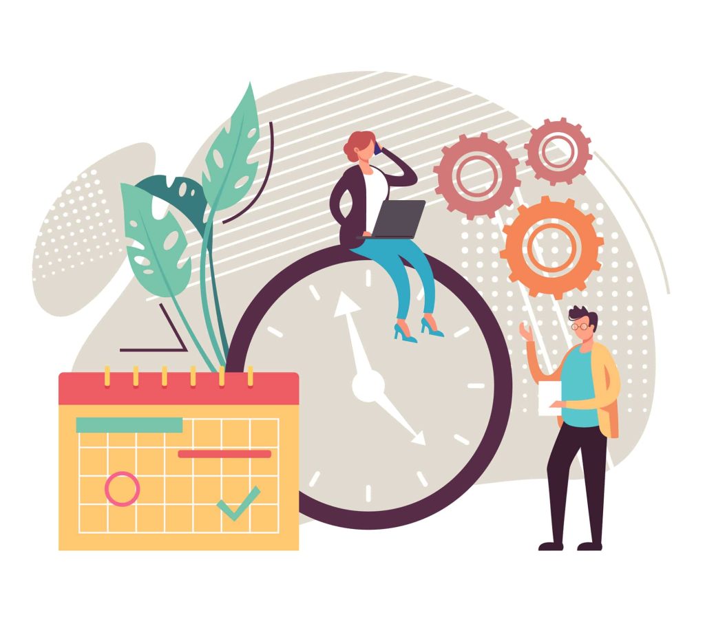 Stock illustration of staff with time tracking tools
