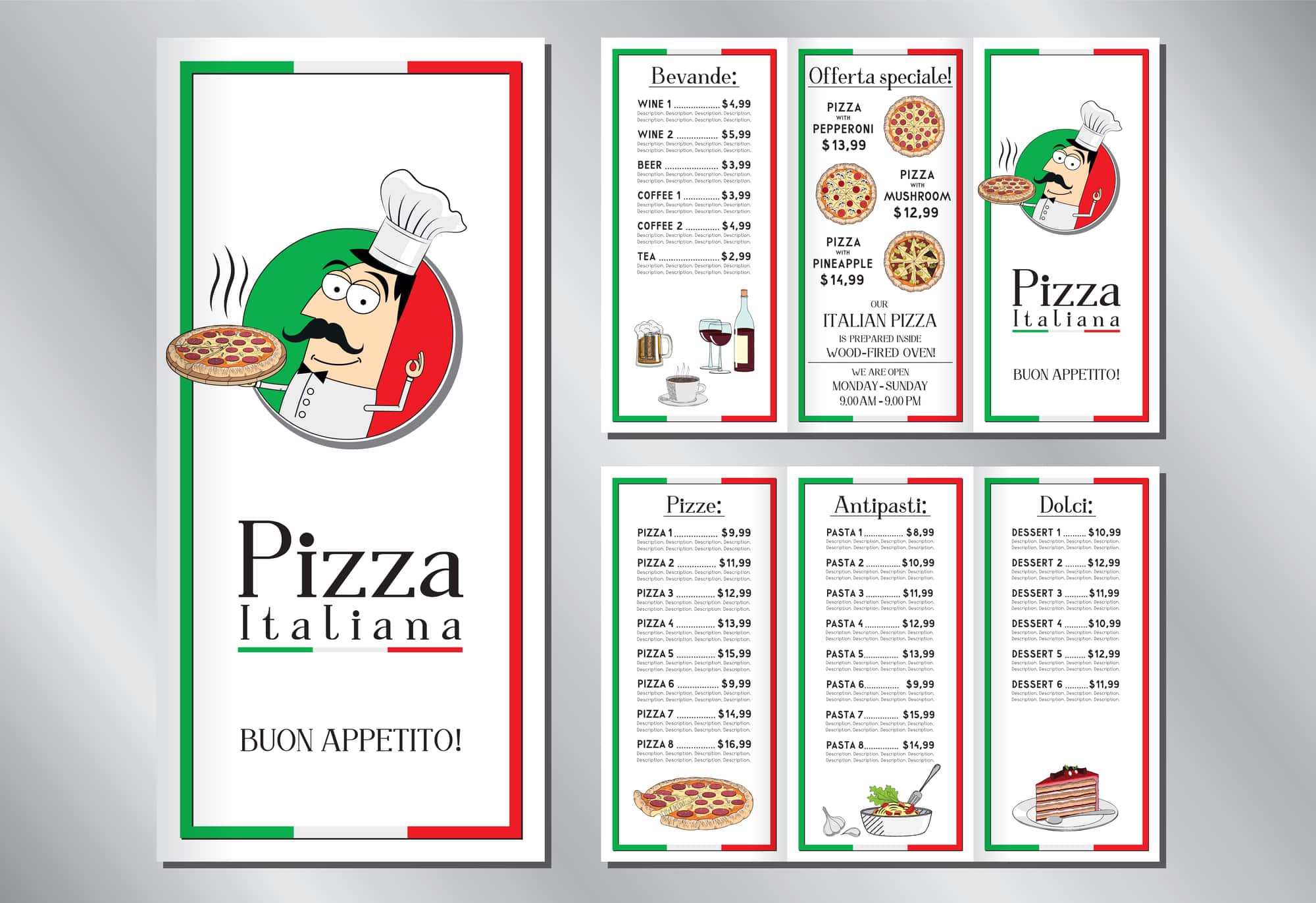 Italian pizza restaurant - menu/ flyer template - pizzas, pastas, desserts, drinks - 3 x DL (99x210 mm)