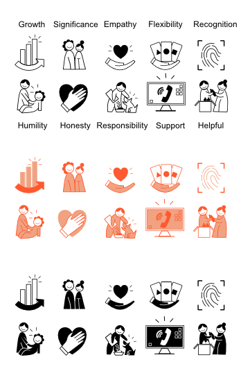 Icon set shown in outline, solid colour and solid black styles - Flocksy