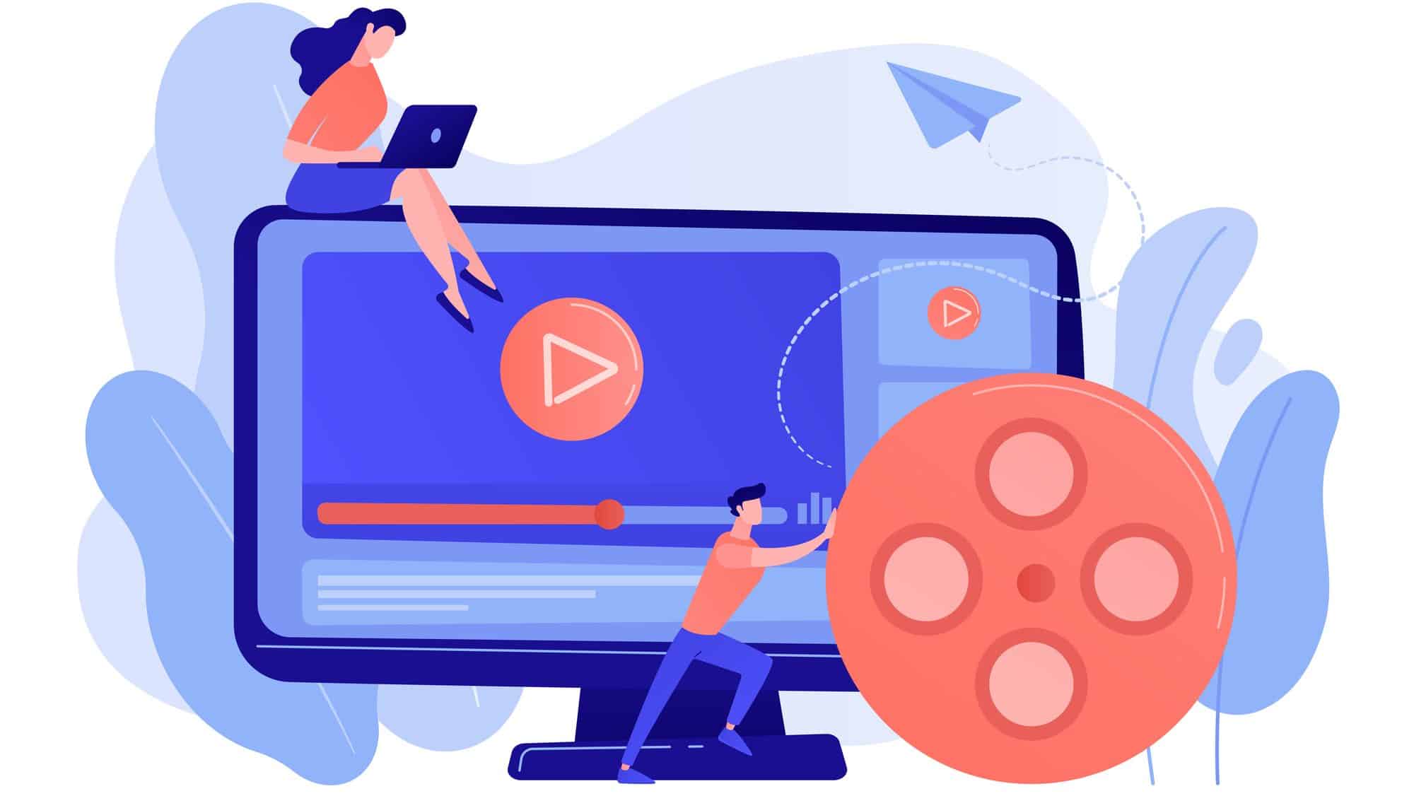 Marketing strategist with laptop working with video content. Video content marketing, video marketing strategy, digital marketing tool concept. Pinkish coral bluevector isolated illustration