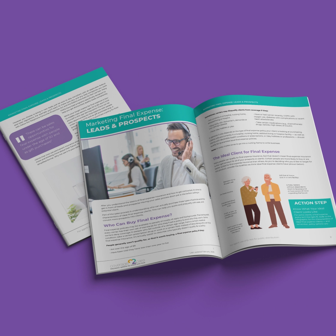 Printed Coverage2Care 'Marketing Final Expense: Leads & Prospects' guide, shown open to a spread with patient illustrations and an action-step callout, on a purple background