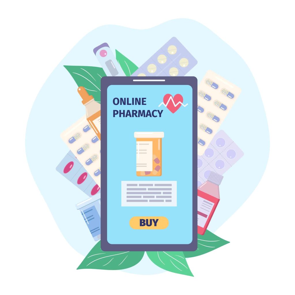 Online pharmacy in smartphone. Shopping for medicine via internet. Flat vector illustration. Isoalted on white background.