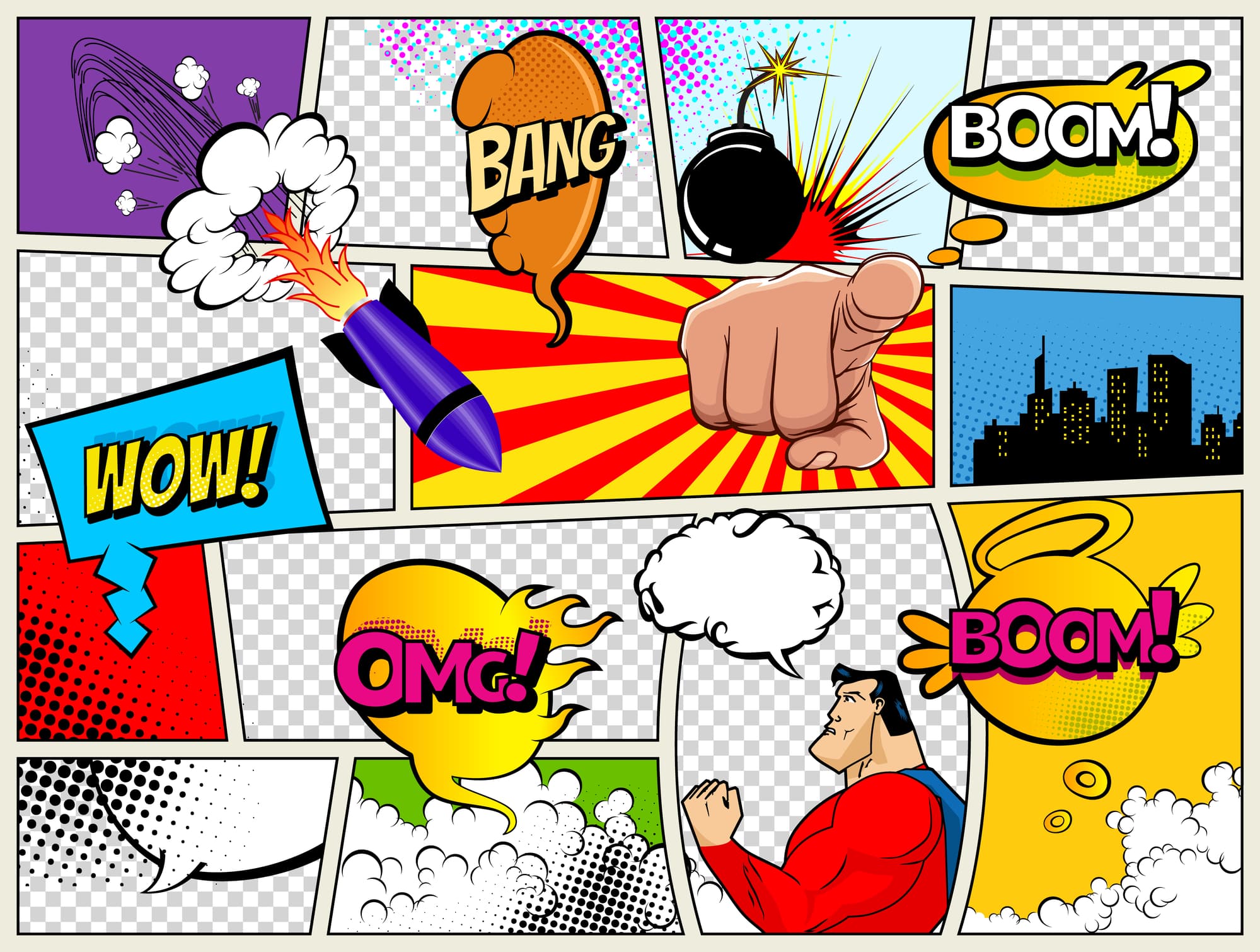 Grunge Retro Comic Speech Bubbles. Background with radial halftone effects and rays in pop-art style. Abstract Talking Clouds and Sounds.