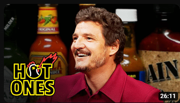 youtube thumbnail with close up of a face pedro pascal hot ones