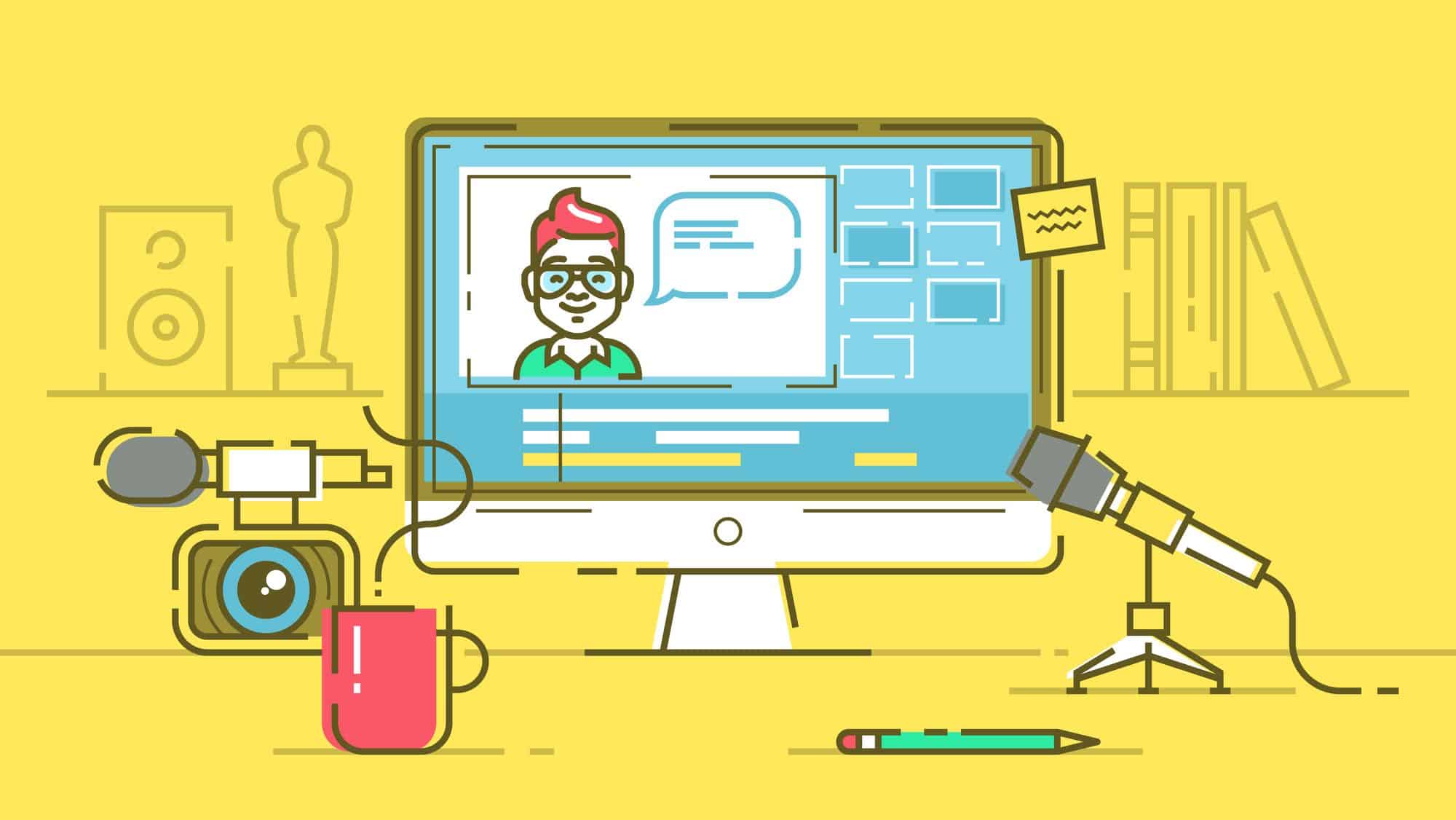 Workplace of blogger or video editor with monitor and interface of application for video editing process. Professional camera and microphone for recording. Cool modern vector illustration. Thin lines.
