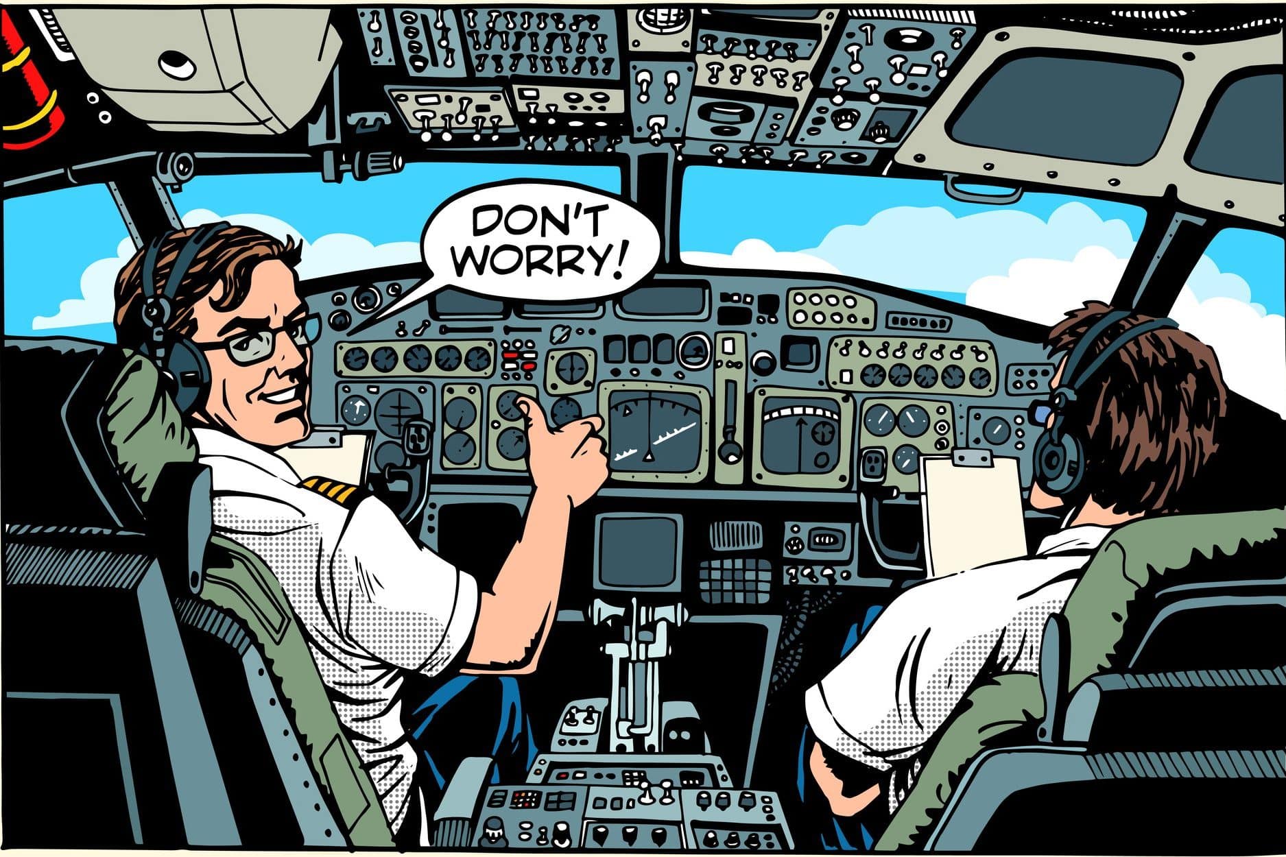 Aircraft cockpit pilots airplane captain pop art retro style. Aviation and travel