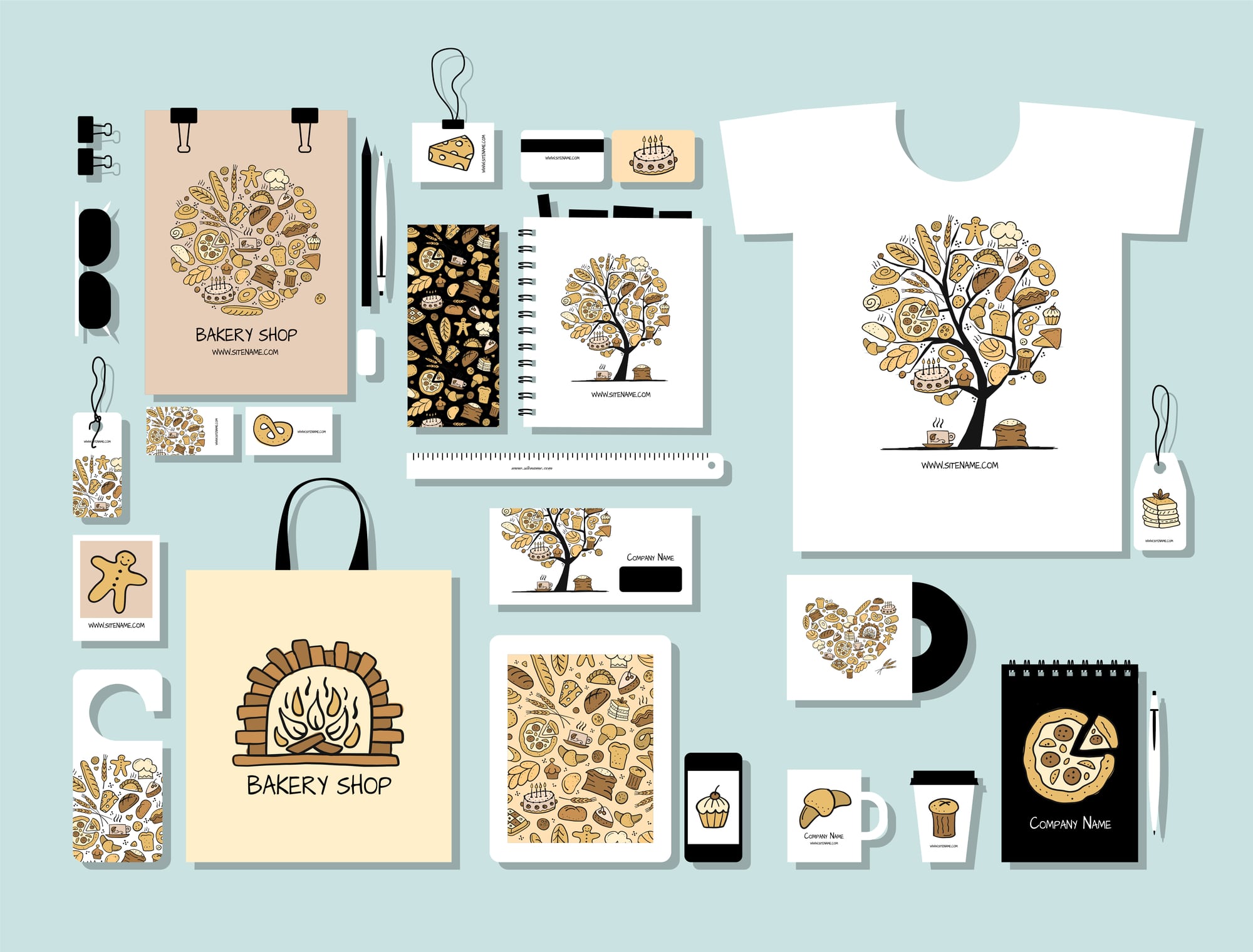 Corporate flat mock-up template, bakery set. Vector illustration