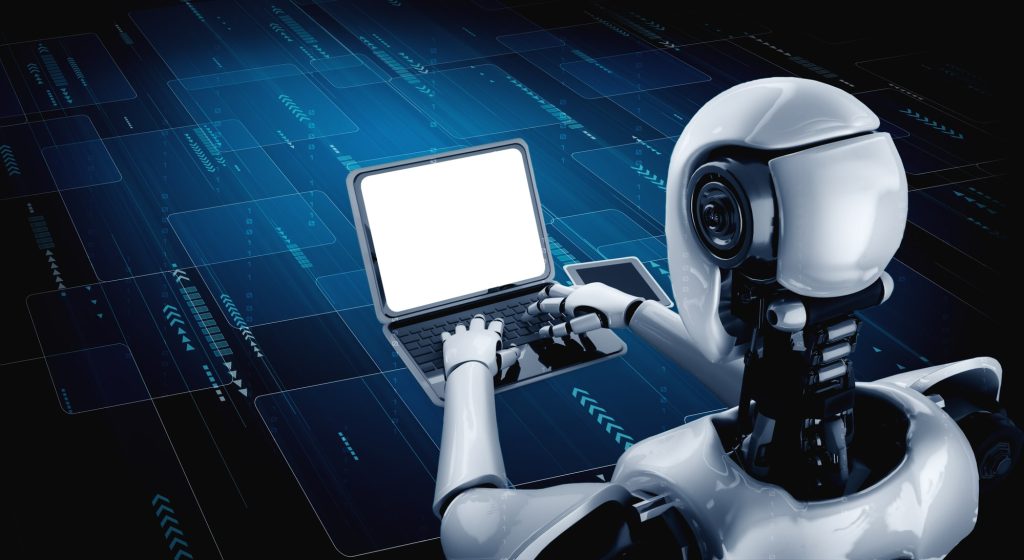 Robot humanoid use laptop and sit at table in future office while using AI thinking brain , artificial intelligence and machine learning process . 4th fourth industrial revolution 3D illustration.
