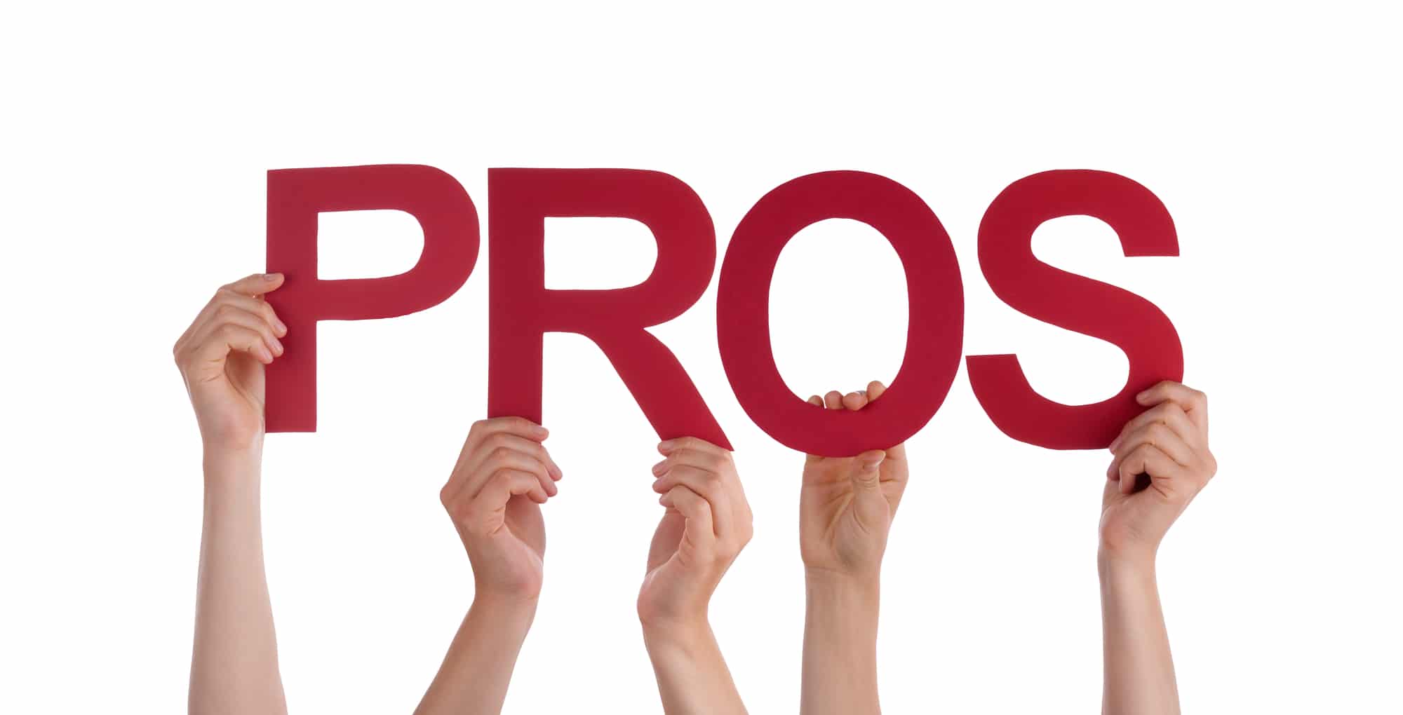 Many Caucasian People And Hands Holding Red Straight Letters Or Characters Building The Isolated English Word Pros On White Background