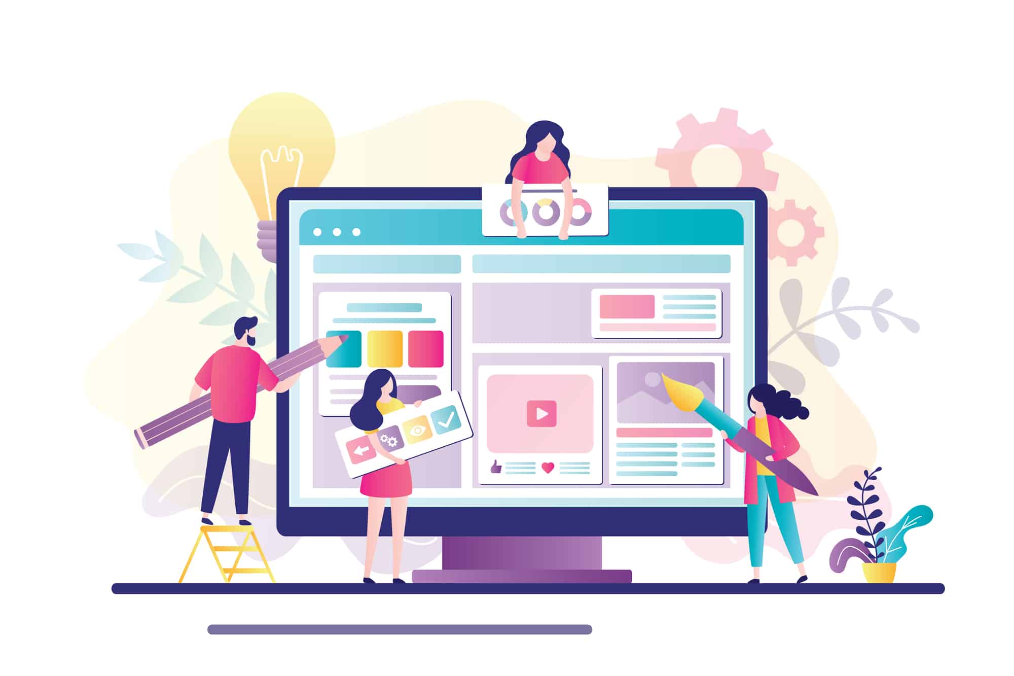Stock illustration of team of designers creating social media