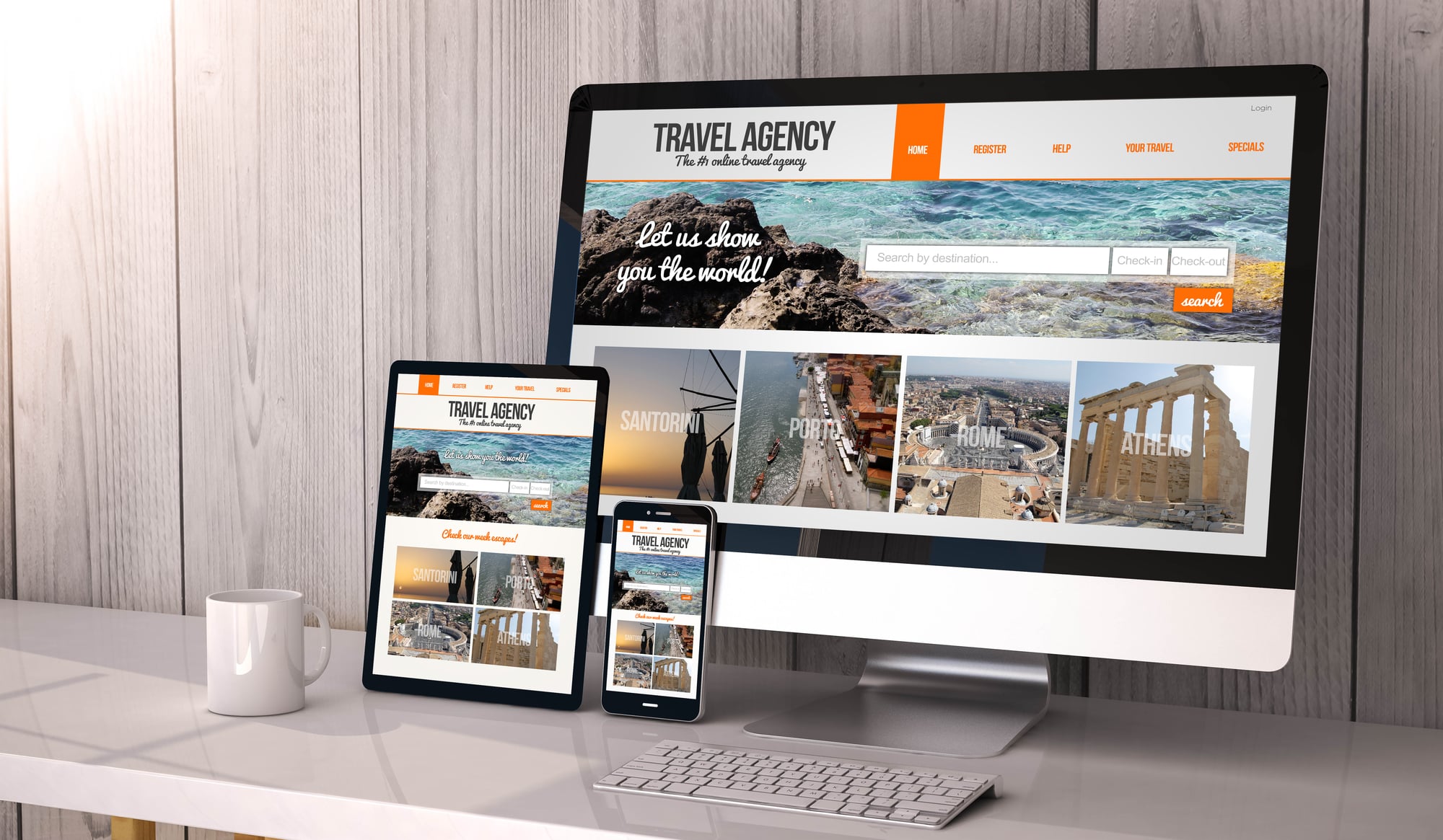 Digital generated devices on desktop, responsive blank mock-up with travel agency website  on screen. All screen graphics are made up.