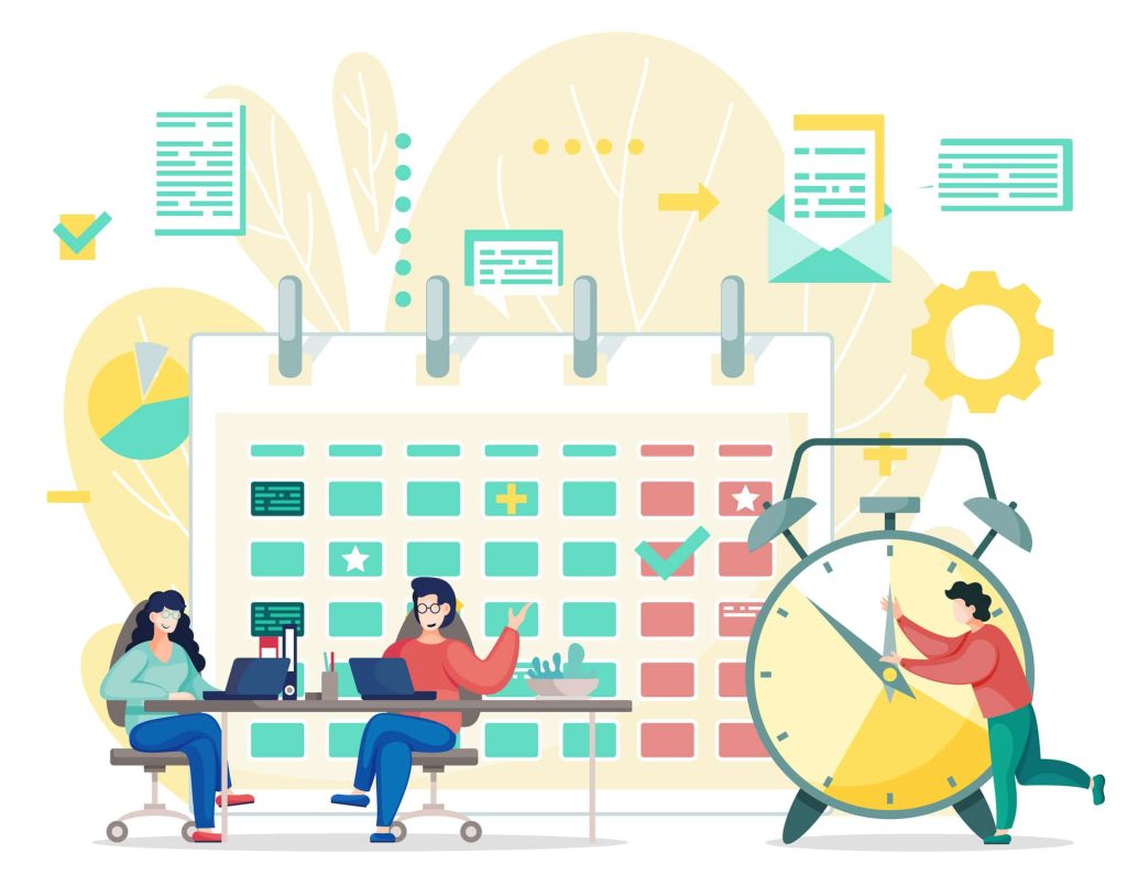 Illustration of team tracking tasks on calendar with reports 
