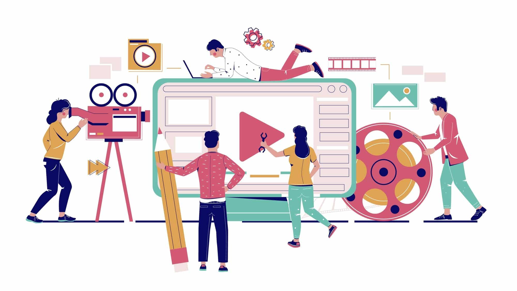 Creative professionals team animators, designers creating animated movie, vector flat illustration. Animation and motion graphics studio, animation industry.