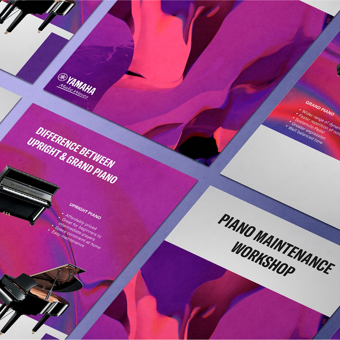 Angled layout of Yamaha piano workshop slides in purple and magenta, showing a Yamaha Make Waves cover, an upright vs grand piano comparison, and a Piano Maintenance Workshop title card.
