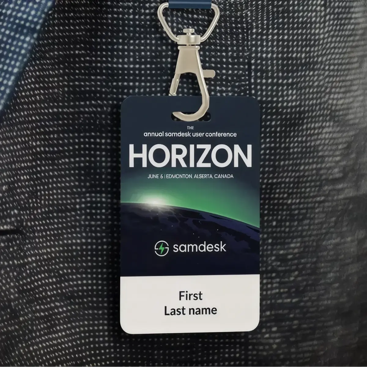 Samdesk-branded event badge on a lanyard for the annual samdesk user conference, HORIZON, designed by the Flocksy team as part of Samdesk's global B2B event creative.