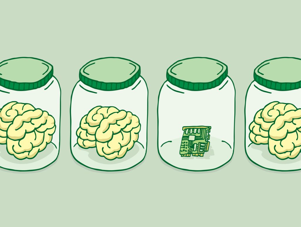 Cartoon illustration of artificial intelligence besides brains in jars