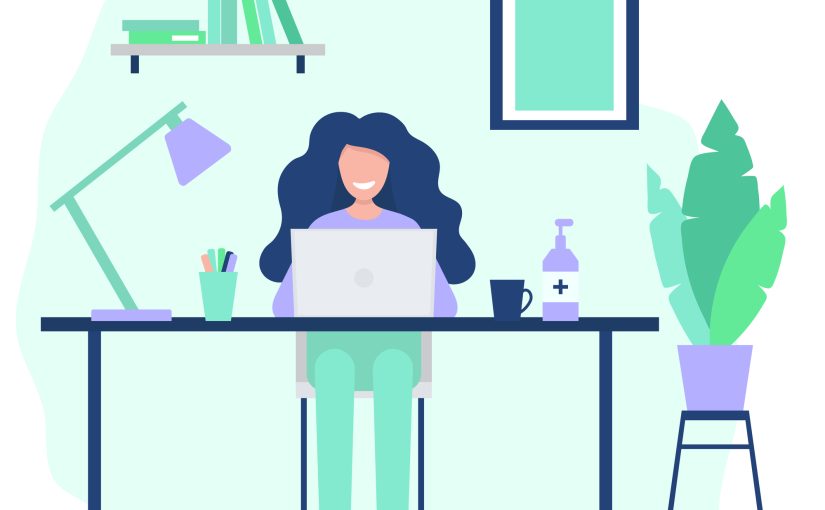 Happy woman working with computer during coronavirus quarantine. Female freelance character sitting behind desk. Concept of home office, working, online education, stay at home. Flat vector