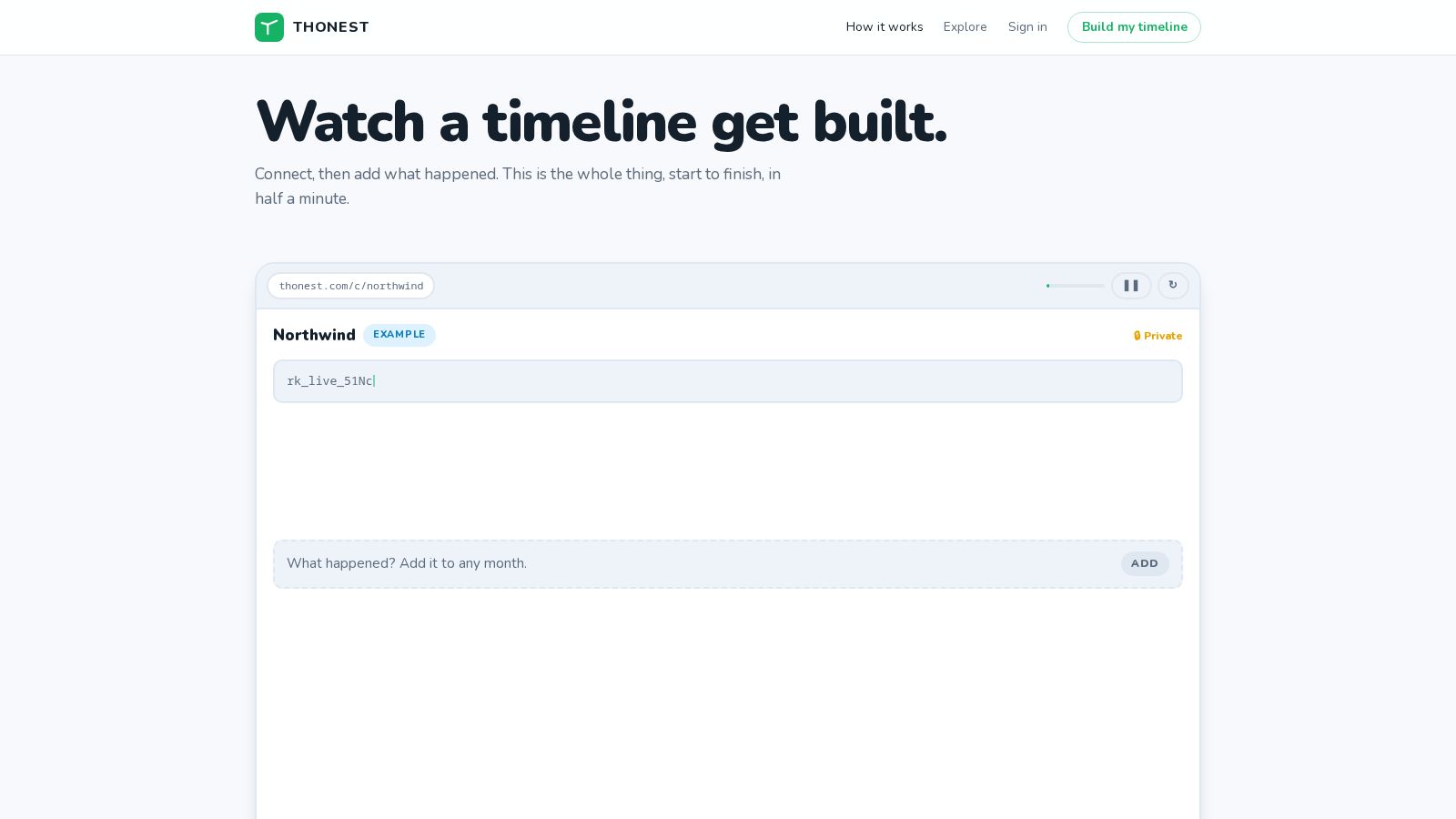 The Thonest how it works page showing a timeline being built, with events annotated by verified MRR before and after