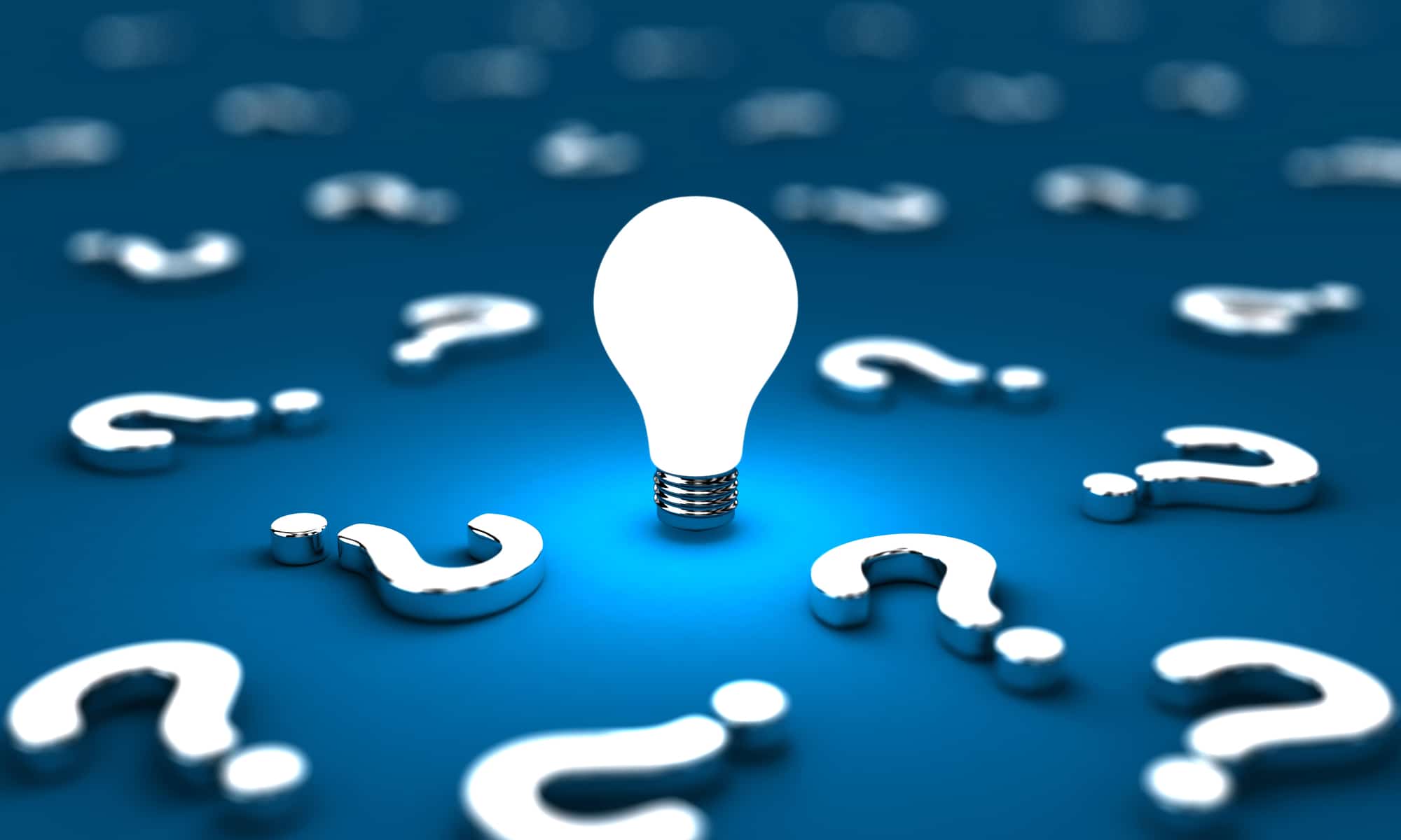 Many questions with one lightbulb on a blue background