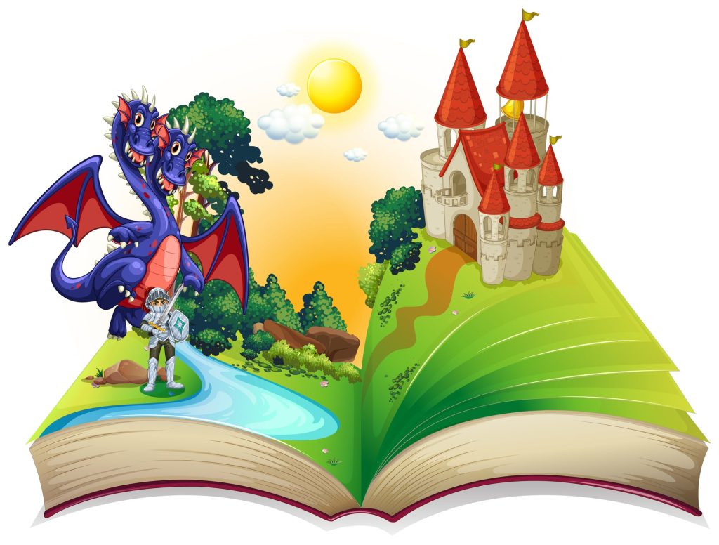 Book of fairytales with knight and dragon illustration
