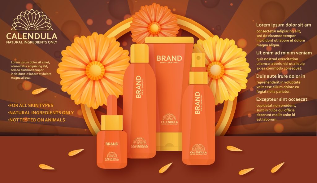 Natural cosmetic template with calendula. Vector illustration.
