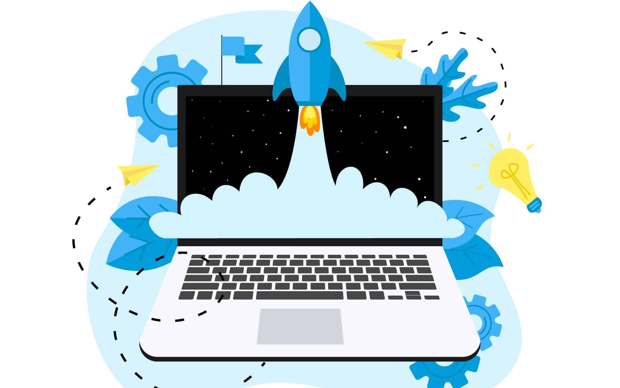 product illustrations tech product computer rocket shooting out of an illustrated computer