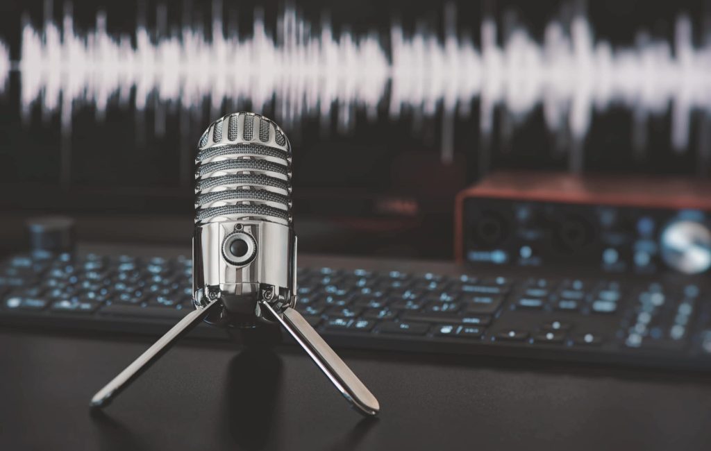 microphone on a table. Home audio recording or blogging concept podcast