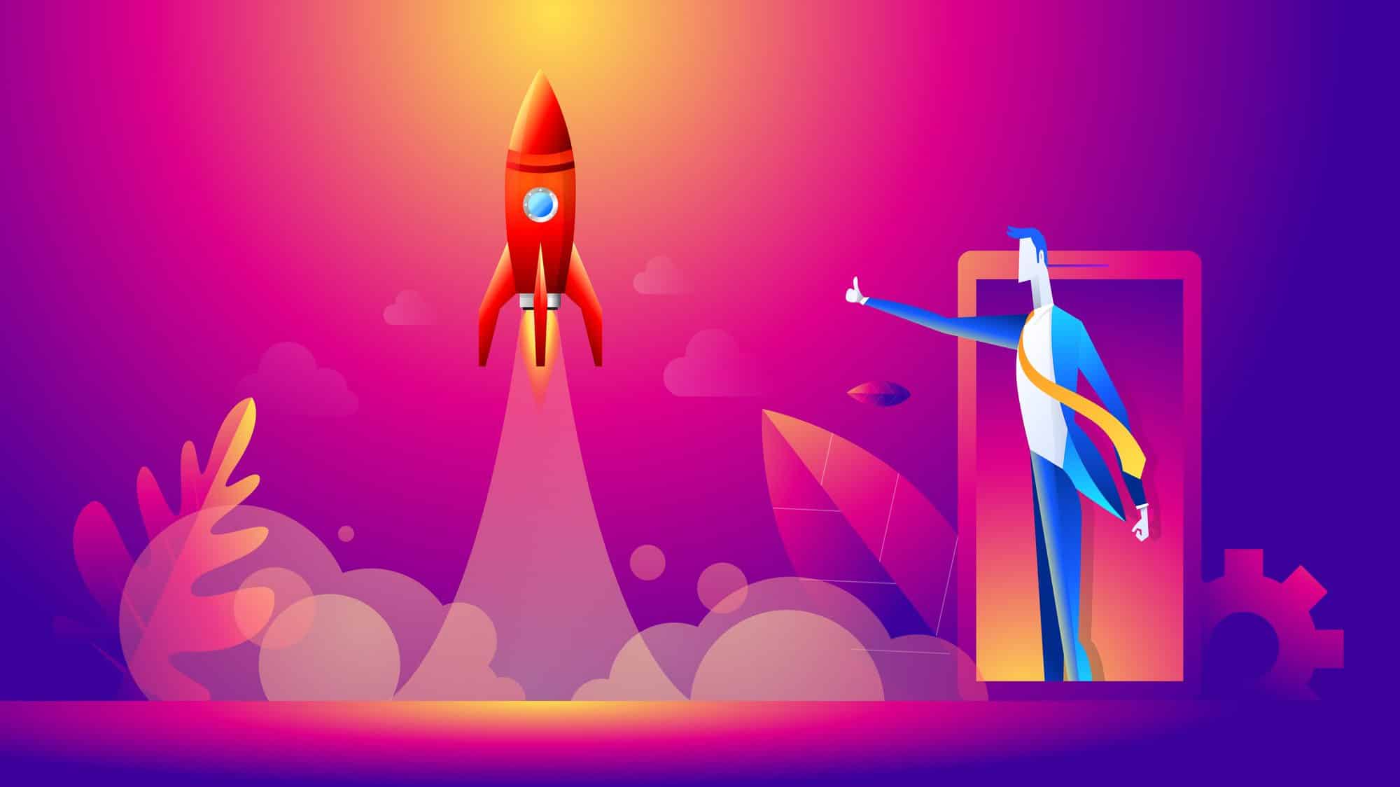Concept of startup. Cartoon happy business people thumb up for rocket launch. Flat design, vector illustration.