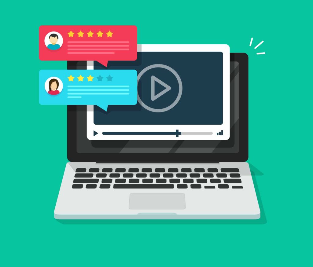 Video content review testimonials online on laptop computer or feedback and reputation rate chat evaluation on pc vector flat cartoon, internet webinar or web video player with rating survey image