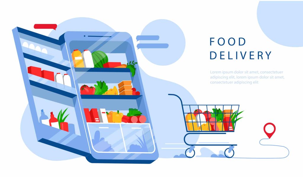 Food Online Delivery Concept. Website Landing Page. Metaphor Of Mobile Phone Looking Like Fridge With Supermarket Cart Full Of Food Supply And Tag On Map. Web Page Cartoon Flat Vector Illustration.