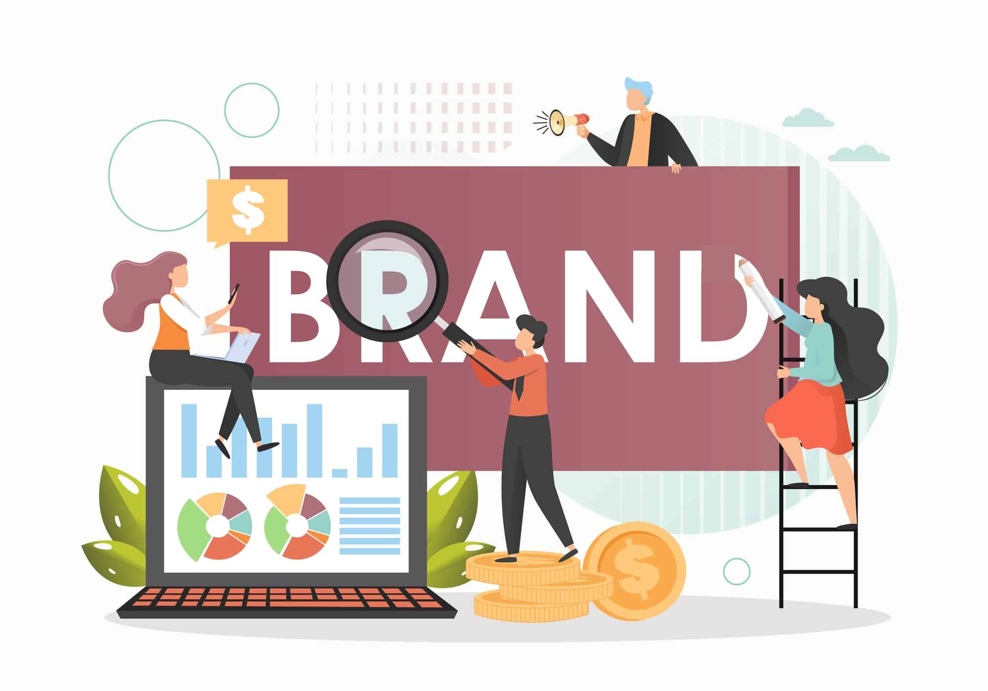 Marketing specialists male and female characters creating new company brand, improving brand awareness or recognition, vector flat illustration. Branding campaign, business marketing strategy.