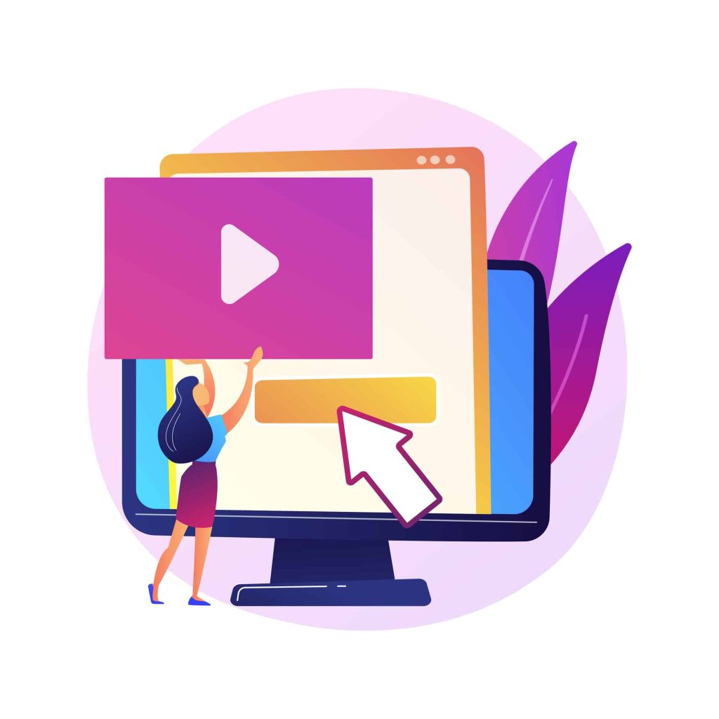 Video content creator, blogger colorful cartoon character. Video editing, uploading, cutting. Arrangement of video shot, manipulation. Vector isolated concept metaphor illustration