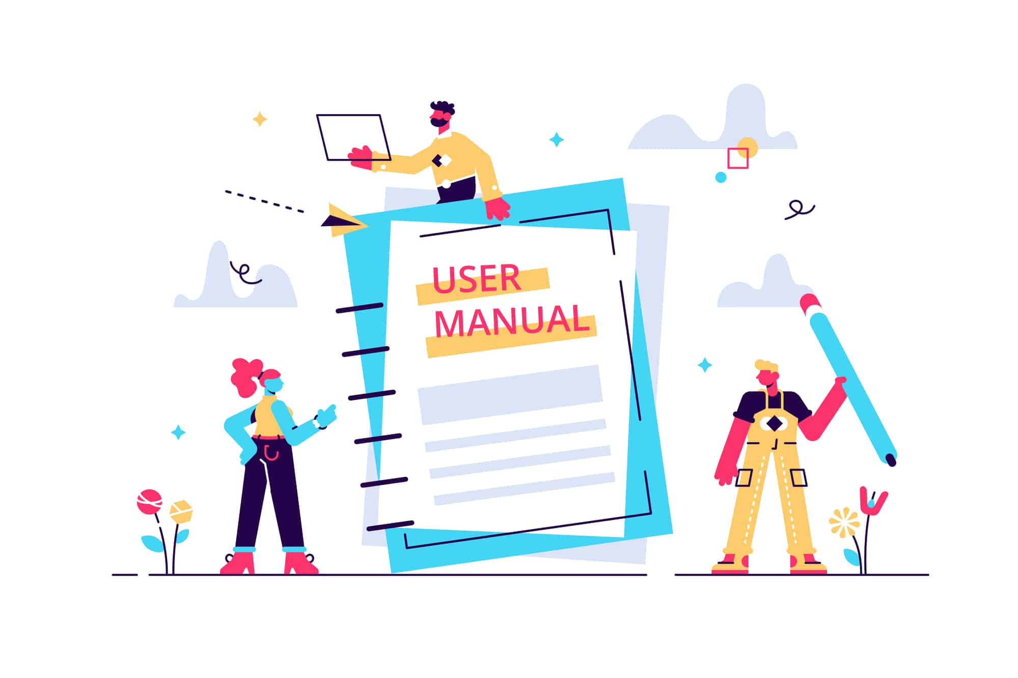 Concept User manual for web page, banner, social media. Vector illustration discussing a content of the guide book, Requirements specifications document. People are reading book instructions.n