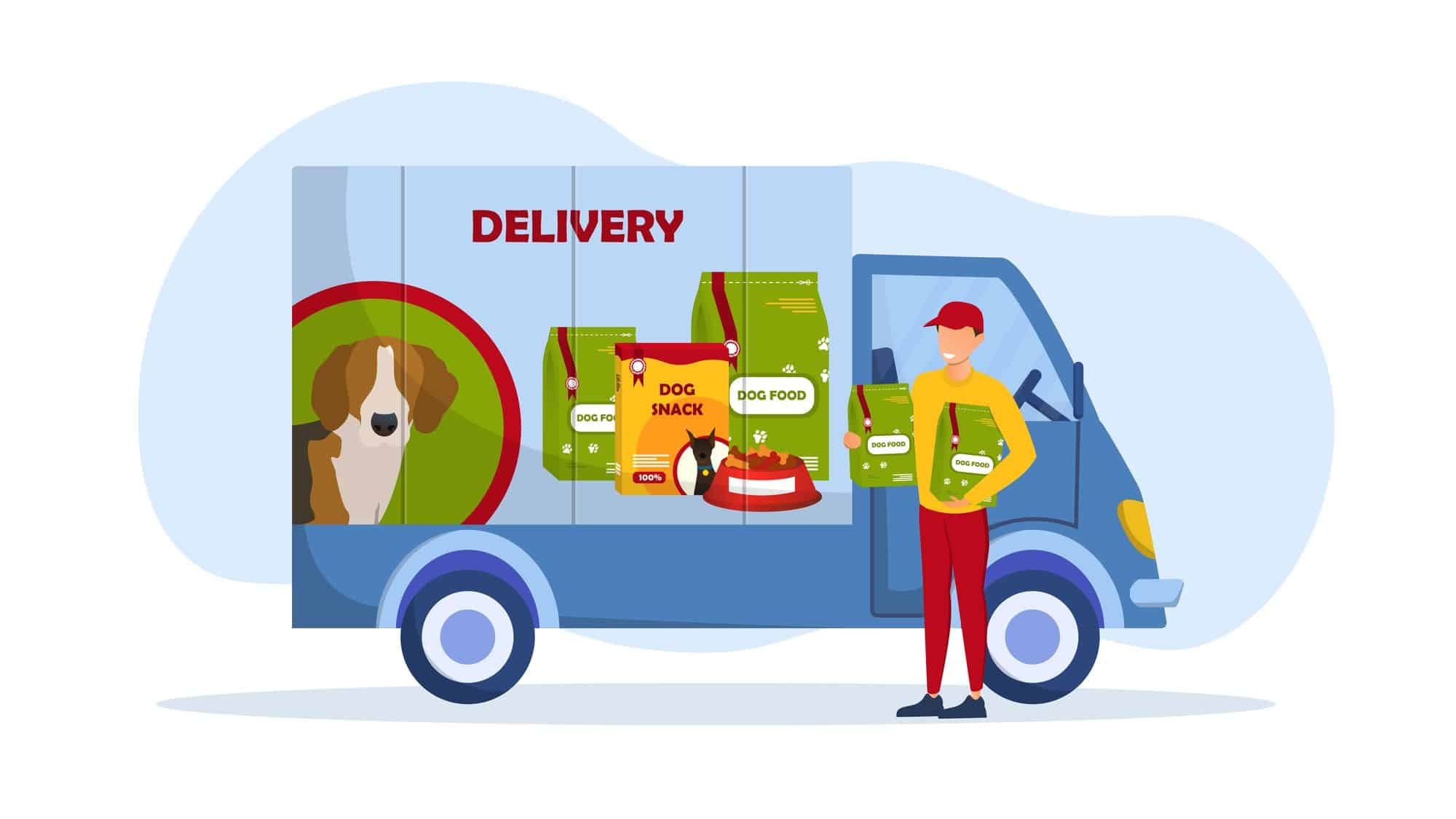 Smiling person courier delivering dog food. Delivery boy truck with dog snack design on side. Concept of dog food delivery service. Flat cartoon vector illustration