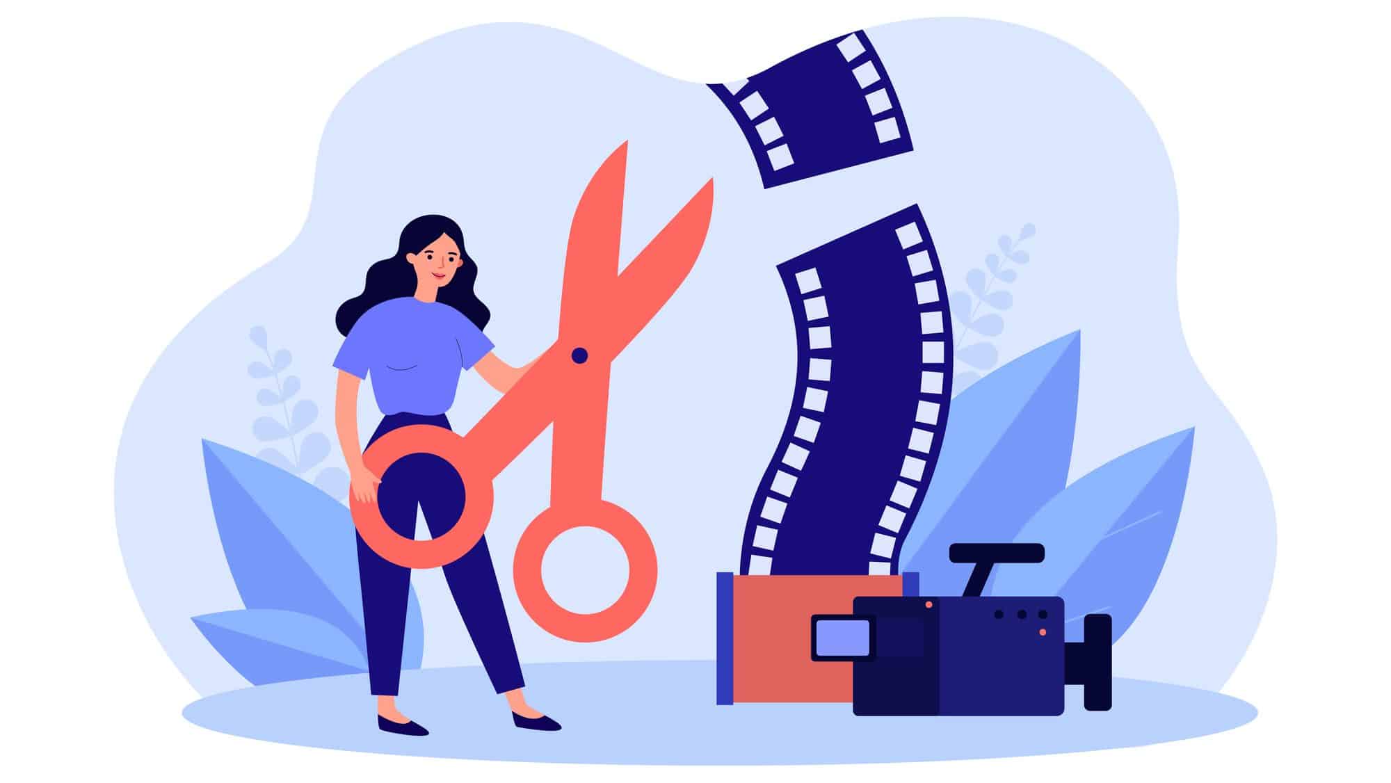 Video editing by producer with scissors and camera. Woman using editor and cutting film flat vector illustration. Movie production, multimedia concept for banner, website design or landing web page