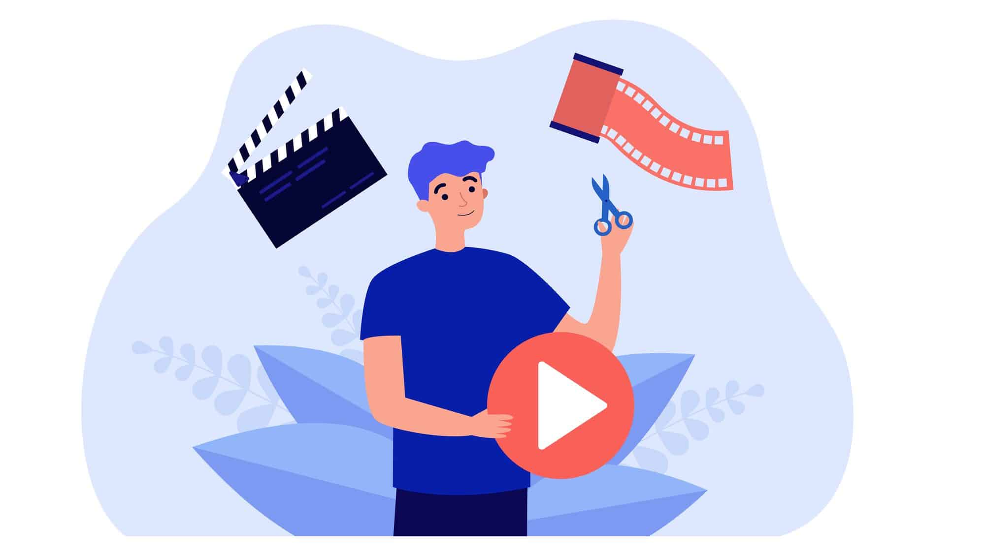 Video editing and movie digital production by people. Man holding scissors, creating digital content flat vector illustration. Software editor concept for banner, website design or landing web page
