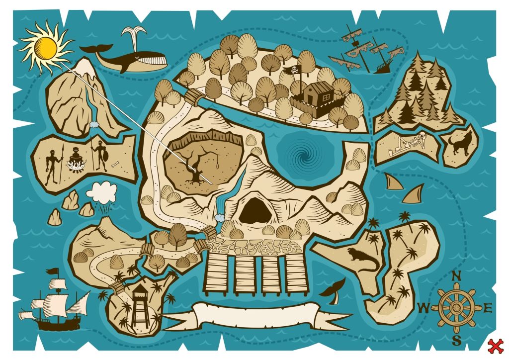 spot illustration storybook children's book treasure map skull island