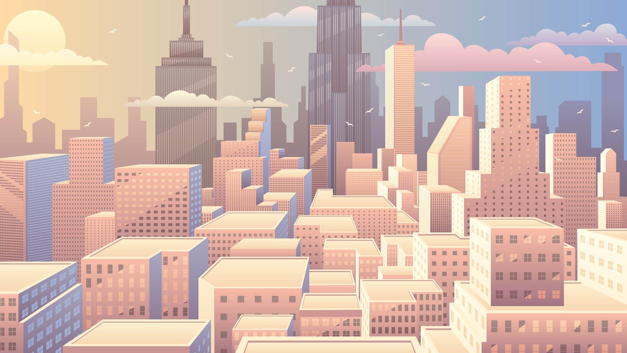 Cityscape at sunrise. Basic (linear) gradients used. No transparency. comic book illustrations