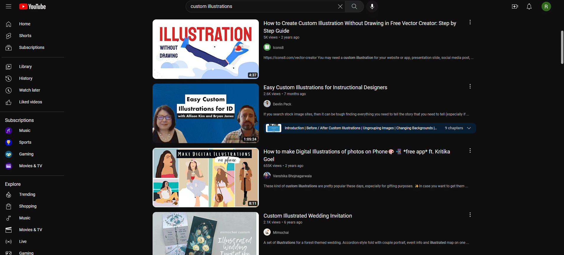 screen shot of youtube with results for custom illustration videos thumbnails
