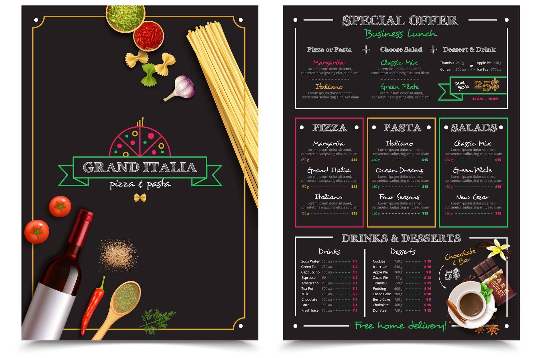 Italian restaurant menu with special offer for business lunch design elements on black background isolated vector illustration