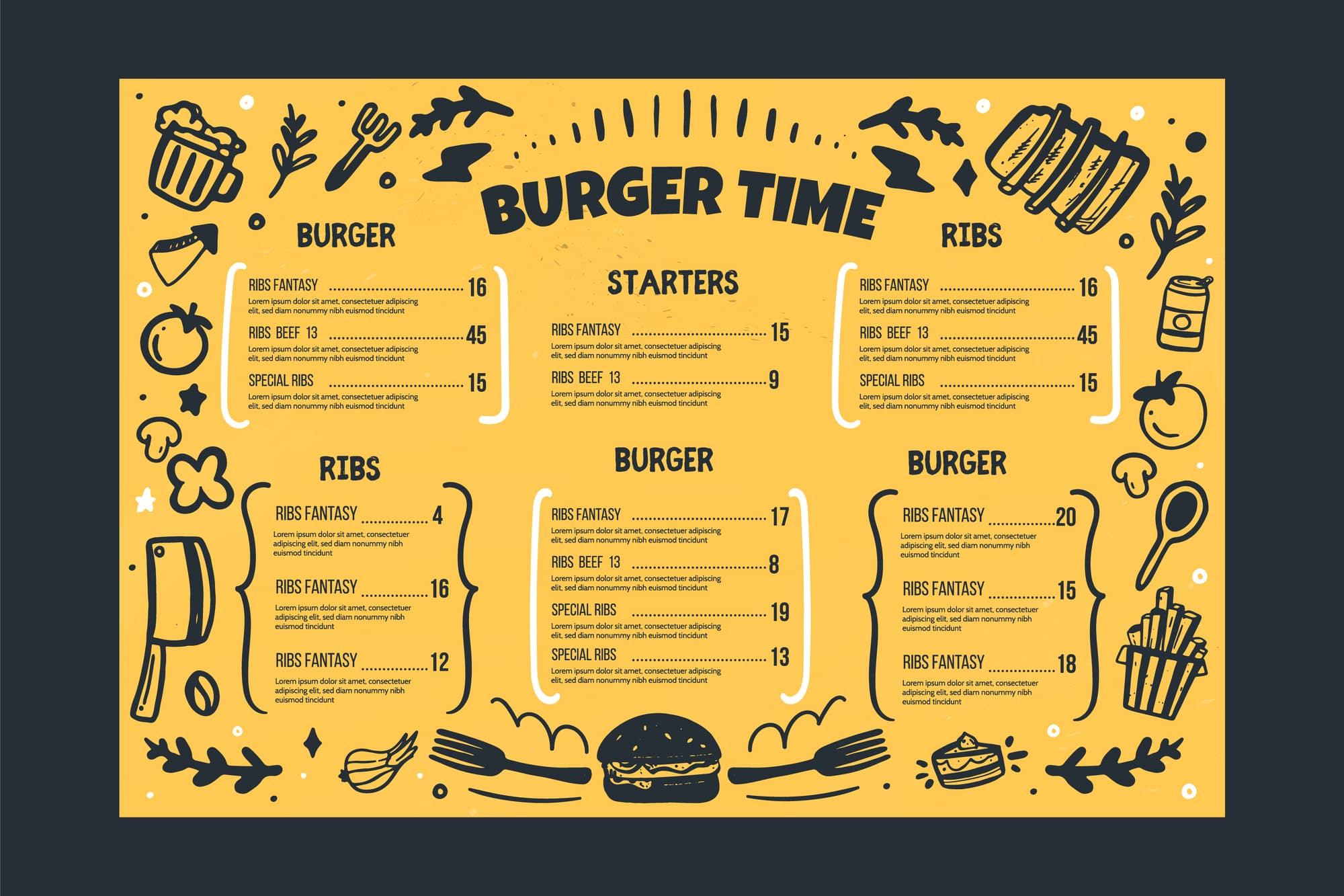 Burger restaurant vafe menu template on yellow background. Grill BBQ menu, Sketch cover template, american kitchen.