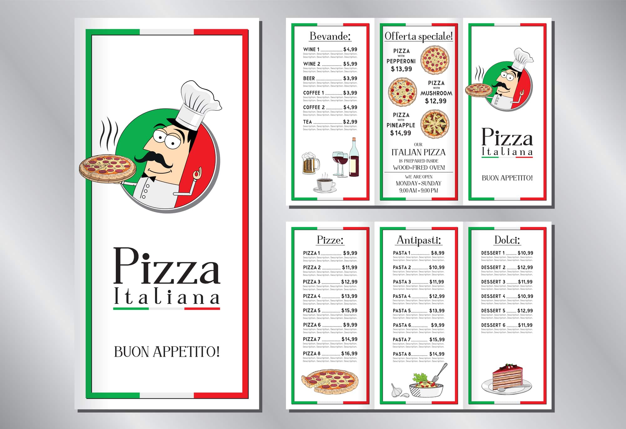 Italian pizza restaurant - menu/ flyer template - pizzas, pastas, desserts, drinks - 3 x DL (99x210 mm)
